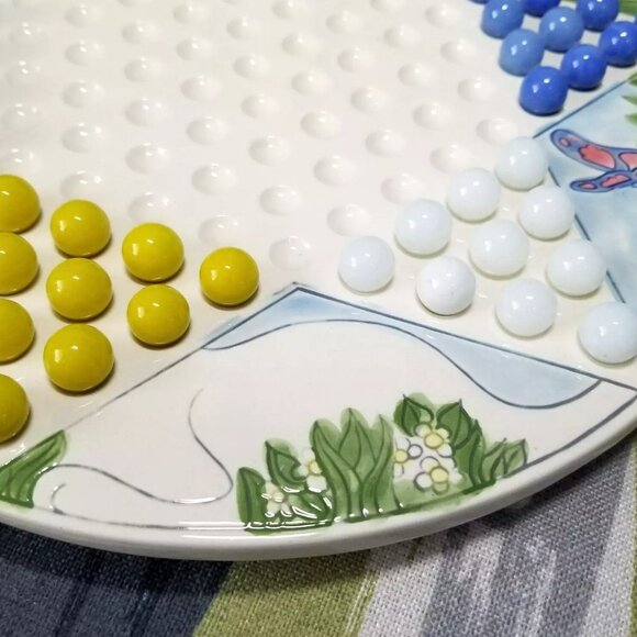 Rare Ceramic Chinese Checkers Cat And Butterfly Board And Marbles Complete Set - Picture 10 of 13